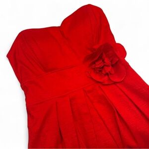 Cherry Red Vintage Glam Strapless Mini Dress w/ Pockets and Flower Pin Detail